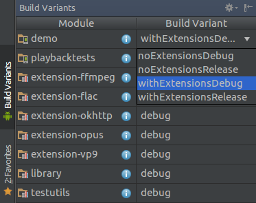 Selecting the withExtensionsDebug build variant